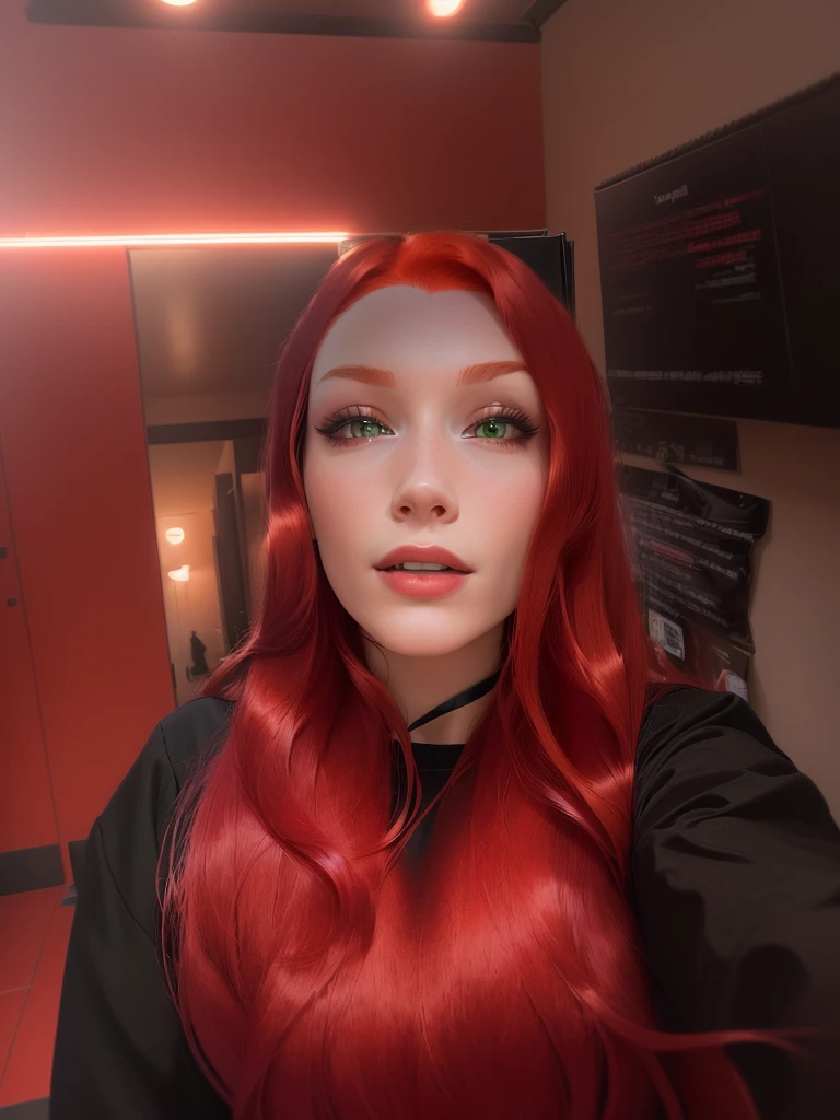 there is a woman with Red hair and a black shirt, with Red hair, frontal photography, 🤤 Portrait of a girl, 8 k selfie photograph, red head, selfie of a young woman, 8 k)), Red hair, with long Red hair, Anna Nikonova, aka Newmilky, red dyed hair, with Red hair and green eyes, The picture is very, very low quality