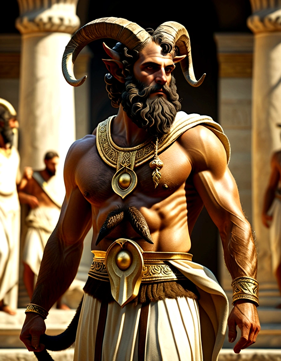 (best quality,4k,8k,highres,masterpiece:1.2),ultra-detailed,dnd character art, a satyr with a dark beard, goat horns, dressed like an Ancient Greek philosopher, Greek tunic with gold embroidery, tanding before a Greek temple, Greek mythology, satyr, faun, Renaissance art style, Renaissance painting