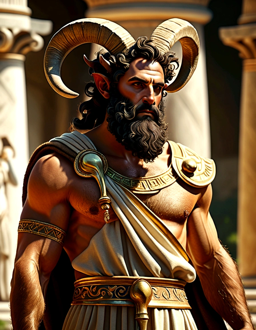 (best quality,4k,8k,highres,masterpiece:1.2),ultra-detailed,dnd character art, a satyr with a dark beard, goat horns, dressed like an Ancient Greek philosopher, Greek tunic with gold embroidery, tanding before a Greek temple, Greek mythology, satyr, faun, Renaissance art style, Renaissance painting
