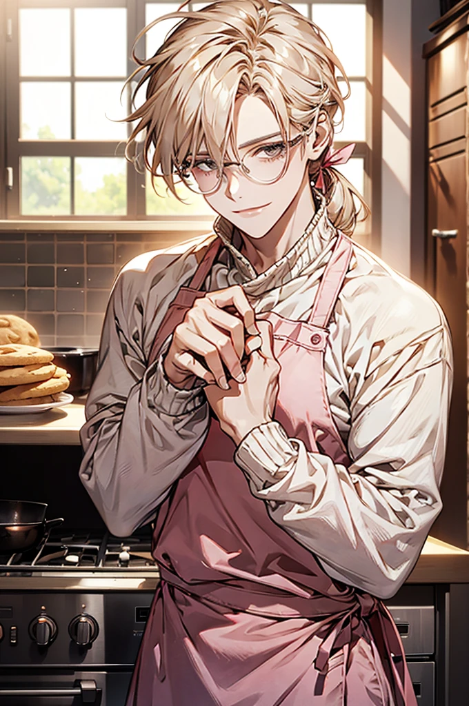 1male, ponytail hair, brown eyes, blond hair, white apron, pink sweater, glasses, mature face, ikemen, smile, baking cookies, kitchen background, 4k, high resolution, rim lighting
