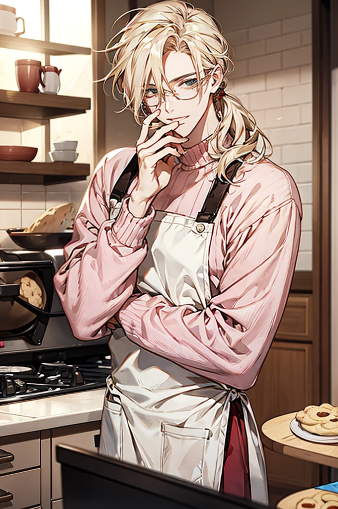 1male, ponytail hair, brown eyes, blond hair, white apron, pink sweater, glasses, mature face, ikemen, smile, baking cookies, kitchen background, 4k, high resolution, rim lighting