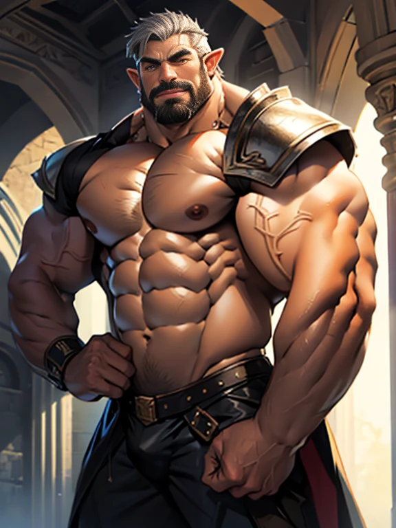 burly virile hairy elf, in a suit of armor, a himbo muscle daddy, middle-aged dilf, hirsute, overmuscular and musclebound, bulging veiny muscles, a warrior's build, a bodybuilder's physique, long bushy and a thick mustache, a square jaw, handsome and dreamy, rugged and manly, grey hair, a gladiator in the arena