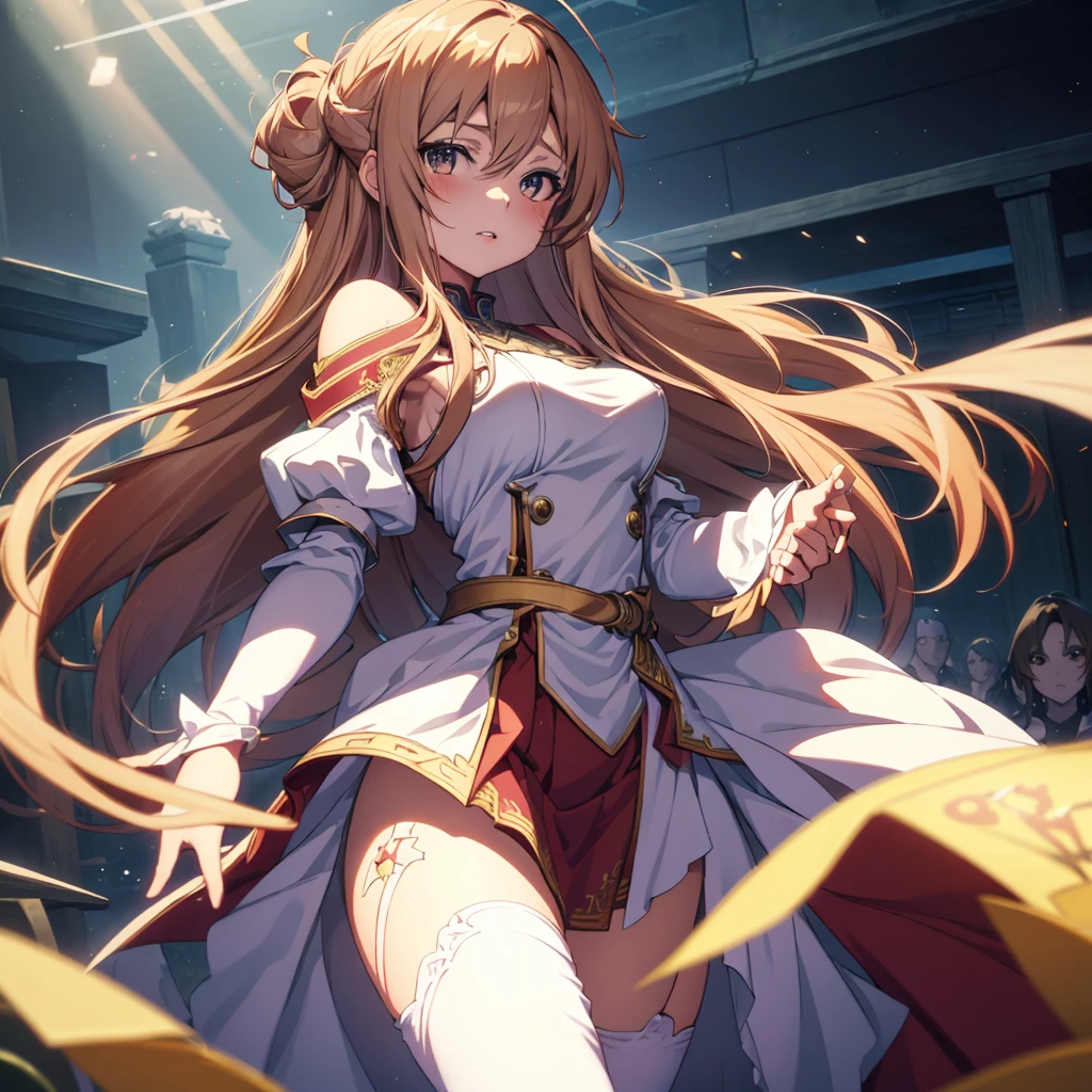 The enchanting wallpaper of the meticulously crafted Swordsmanship Online Hero. (High quality, high-resolution: 3000x3000 pixels) Plays Yuuki in a virtual reality set, with long golden straight hair with bangs, painful blue eyes, her plump lips wriggling in pain, medium: digital art, vibrant colors, high-resolution, cinema lighting, ultra fine details, bleeding wounds, one knee injury, life-threatening