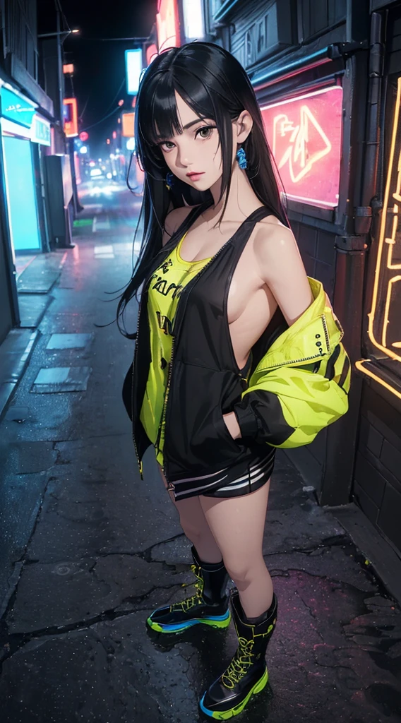 (((8k wallpaper of extremely detailed CG unit:1.2, masterpiece, hight resolution:1.2, top-quality:1.2, masutepiece))), ((a very beautiful woman, Hands in pockets:1.8, Street fashion:1.2, wearing a colorful jacket:1.2, Wearing boots)), ((extra detailed face, Highly detailed black eyes, extra detailed body, Top quality real texture skins)), (blue straight hair:1.2, de pele branca, Small, exposed shoulder), ((Empty alley, Mileland. natta, Neon Street)), (high-angle, a closeup, Fisheye), hyper realisitic, digitial painting,
