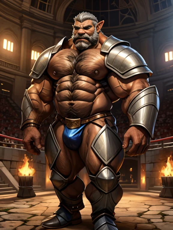 burly virile hairy elf, in a suit of armor, a himbo muscle daddy, middle-aged dilf, hirsute, overmuscular and musclebound, bulging veiny muscles, a warrior's build, a bodybuilder's physique, long bushy and a thick mustache, a square jaw, handsome and dreamy, rugged and manly, grey hair, a gladiator in the arena