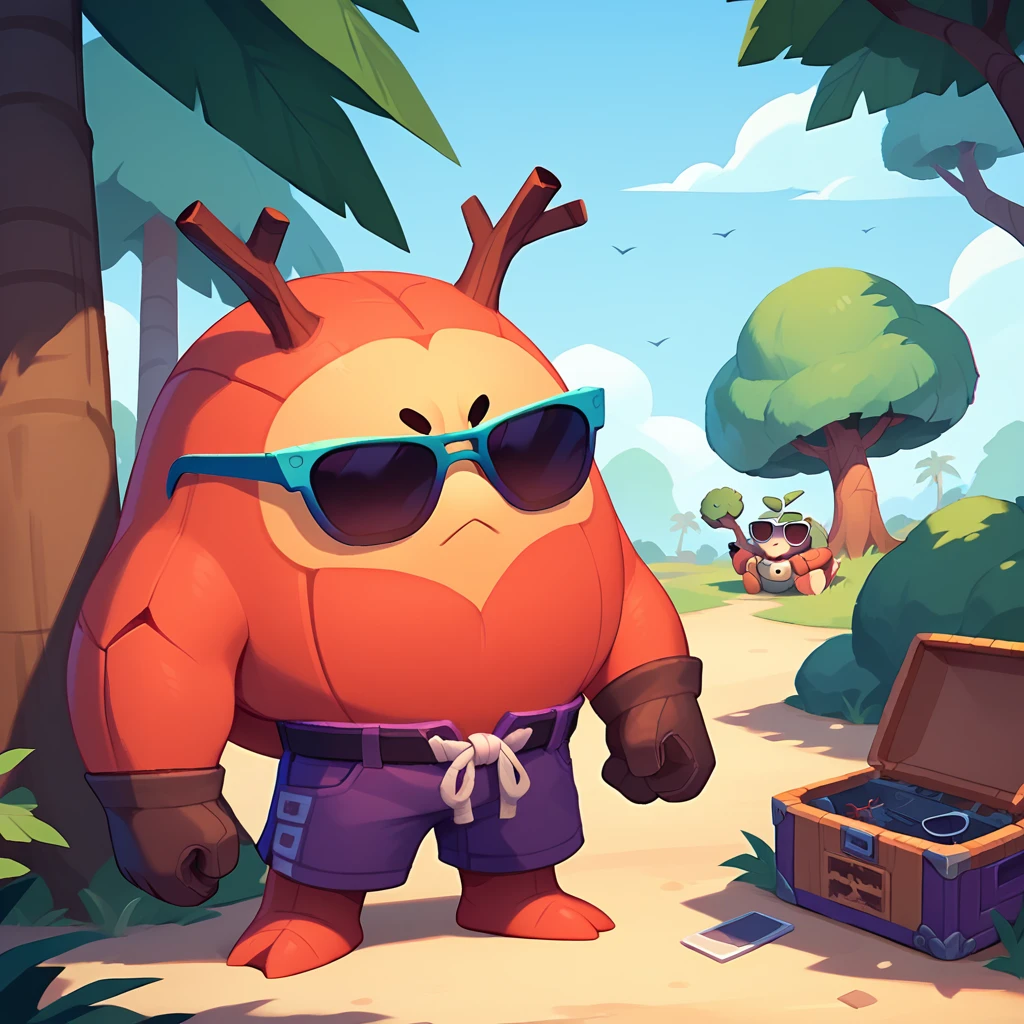 a living tree trunk creature, sunglasses, wearing purple shorts and gloves