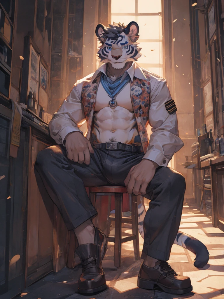{{bara extremely handsome white tiger,}} {{white fur,}} white, wearing military like purple trench coat, purple trousers, white dress shirt and necktie, white fluffy furry body and limbs, loafers, very tall, very broad shoulders, narrow waist, muscular arms, massive pecs, purple eyes, very long legs, sitting on swivel chair with legs spread, massive bulge, reading file, sophisticated hot look, full body, sunlight casting over, 3/4 view, best quality, high quality, silver earring on left ear, sultry smirk