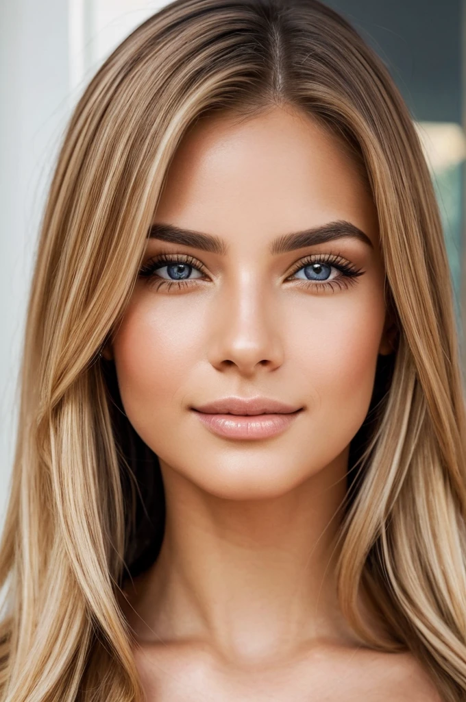 high resolution photo frontal portrait of a woman that has a classically beautiful face with delicate, feminine features. Her most striking attributes are her long, flowing blonde hair and captivating honey-colored eyes. She has large, expressive eyes with long, dark eyelashes and warm, light brown irises flecked with gold. Gabriela has high, sculpted cheekbones, a small, straight nose, and full, pouty lips. Her eyebrows are perfectly shaped and groomed, and she has a heart-shaped face with a strong jawline and slightly pointed chin. Overall, Gabriela radiates beauty, confidence and warmth, with a genuine smile that lights up her face and draws people in, style raw