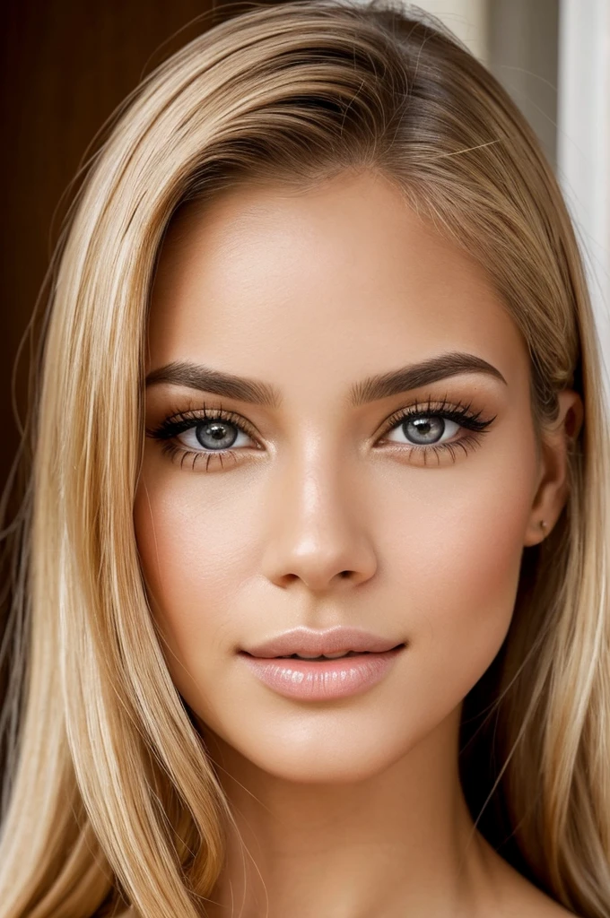 high resolution photo frontal portrait of a woman that has a classically beautiful face with delicate, feminine features. Her most striking attributes are her long, flowing blonde hair and captivating honey-colored eyes. She has large, expressive eyes with long, dark eyelashes and warm, light brown irises flecked with gold. Gabriela has high, sculpted cheekbones, a small, straight nose, and full, pouty lips. Her eyebrows are perfectly shaped and groomed, and she has a heart-shaped face with a strong jawline and slightly pointed chin. Overall, Gabriela radiates beauty, confidence and warmth, with a genuine smile that lights up her face and draws people in, style raw