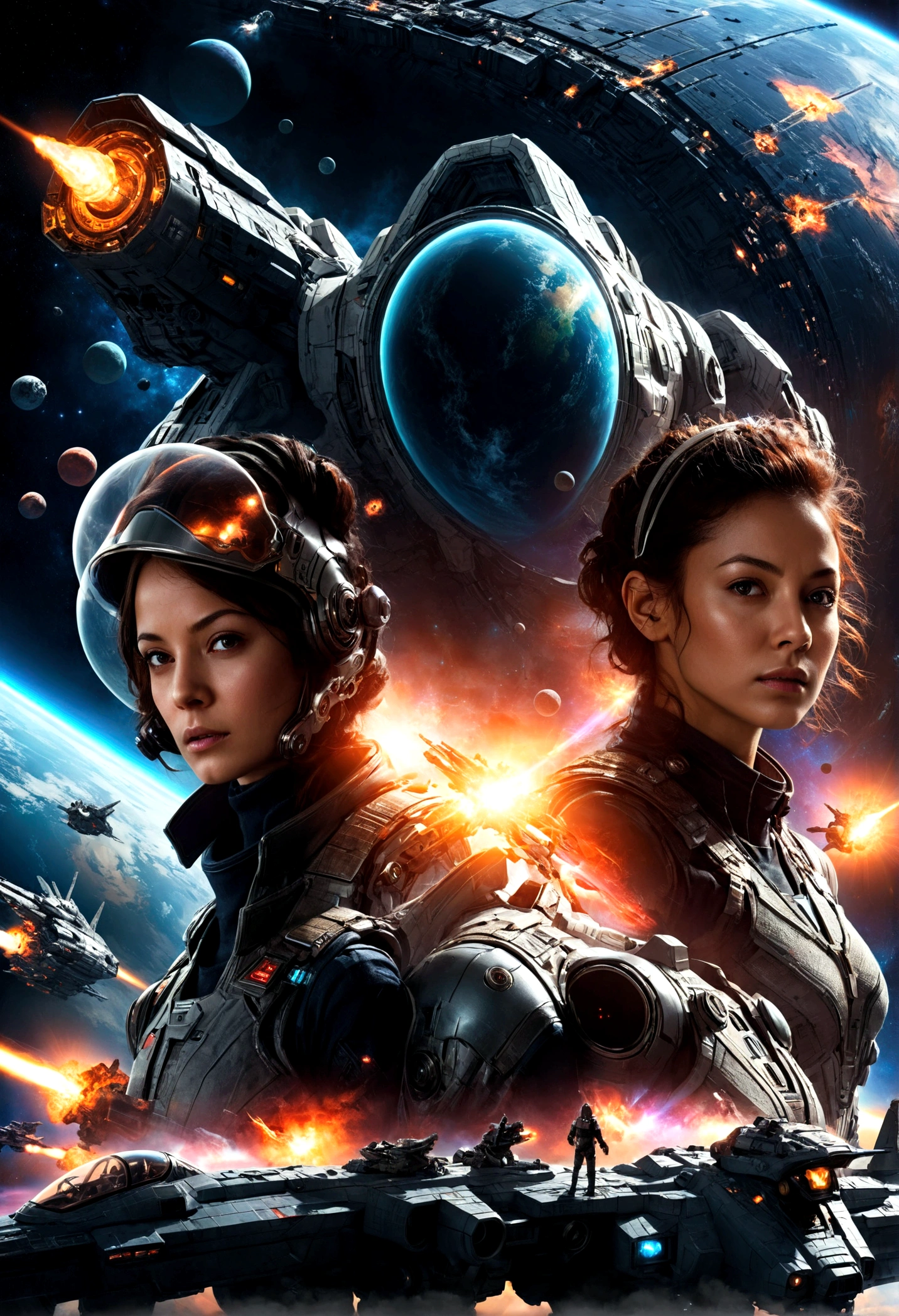 Space War, a futuristic sci-fi space battle, epic spaceship combat, massive explosions, lasers, alien technology, intergalactic warfare, dramatic lighting, cinematic composition, vibrant colors, detailed machinery, sleek spacecraft designs, intense action, heroic pilots, advanced weaponry, nebulae, star fields, cinematic atmosphere, highly detailed, masterpiece, best quality, very aesthetic, absurdres