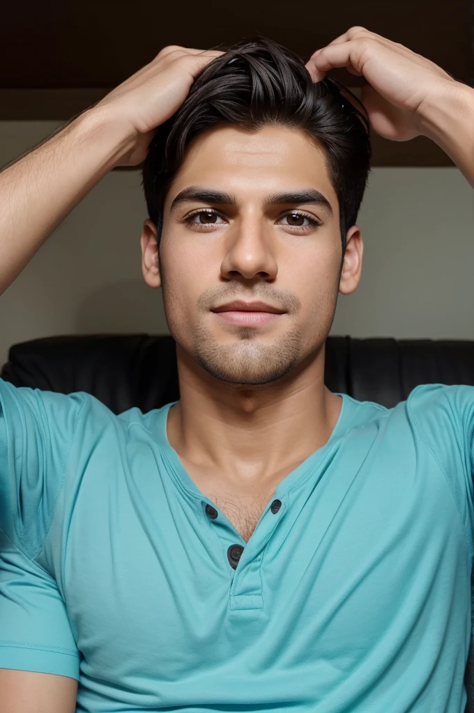 Make Youtube thumnail for me . Theme - a boy wake up early in morning and suddenly from bed he click his picture from his one hand of his face and upper chest only , face looks like morning sleepy face and on image in very realistic way write wake up early challenge