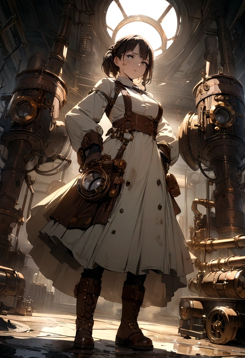 (best quality, 4K, masterpiece :1.3), 1 woman, (steampunk), sight, steampunk room engine, Engine repair, gear, Gear, steam, Boots, smock, goggles, Dirty Face, standing, machine, Oil on the floor, Dirty floors
