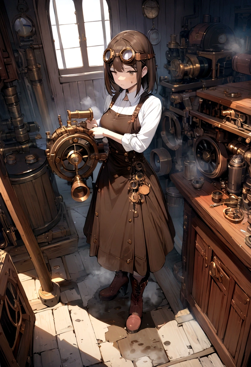 (best quality, 4K, masterpiece :1.3), 1 woman, (steampunk), sight, steampunk room engine, Engine repair, gear, Gear, steam, Boots, smock, goggles, Dirty Face, standing, machine, Oil on the floor, Dirty floors