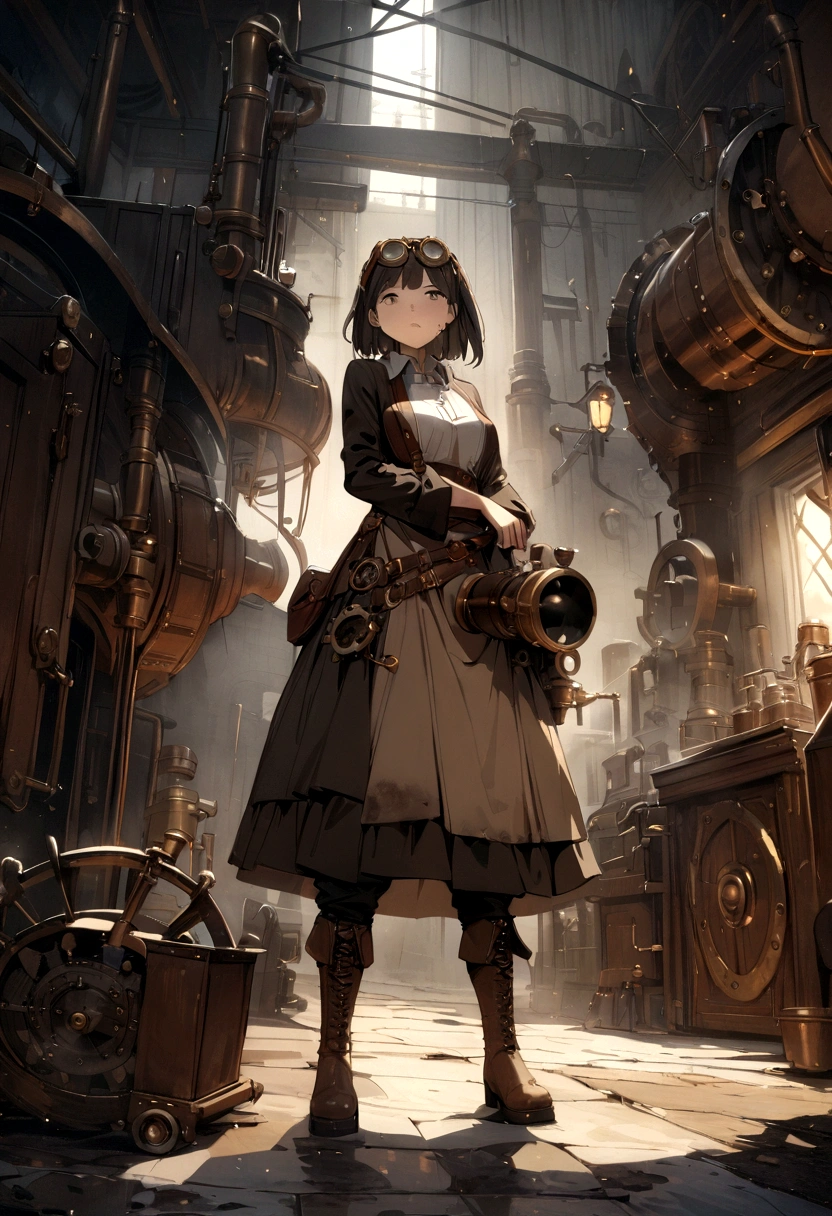 (best quality, 4K, masterpiece :1.3), 1 woman, (steampunk), sight, steampunk room engine, Engine repair, gear, Gear, steam, Boots, smock, goggles, Dirty Face, standing, machine, Oil on the floor, Dirty floors