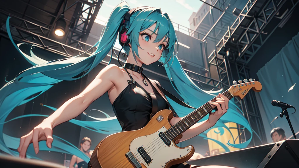 A masterpiece of a young woman, showcasing her unique style and musical talents. Outside on a beach stage, she stands confidently with one leg slightly raised, her electric guitar slung over her shoulder. Her striking features include piercing blue eyes, a twintail adorned with teal hair extensions, two piece black bikini that accentuates her toned physique, while headphones wrap around her neck, a symbol of her passion for music. As she plays the guitar, her long hair cascades down her back, a mesmerizing sight as she sings with conviction, smiling, upper body,
