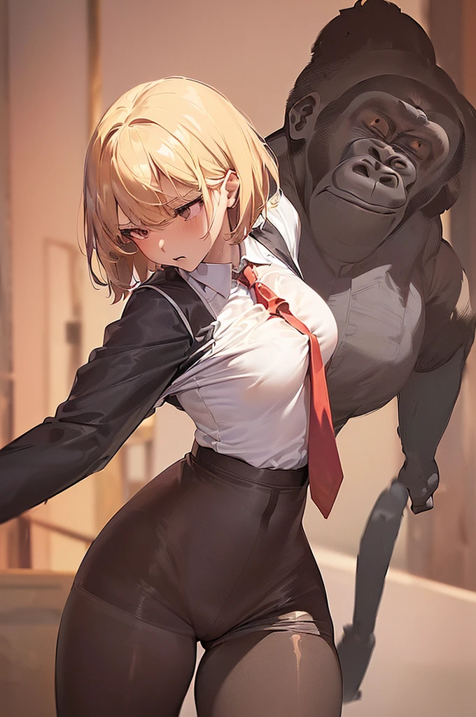 masterpiece, best quality,anime style, 1 girl,(((slender body))), (((small breast))),(((hot pants, white shirt,red tie,black pantyhose))),(((((a gorilla man grabbing the girl))))), ((((restrained, arms behind back)))),((((cum)))), (beautiful face), (((short hair))), (((straight hair))), ((((blonde hair)))),detailed beautiful skin, (perfect hands, perfect anatomy)
