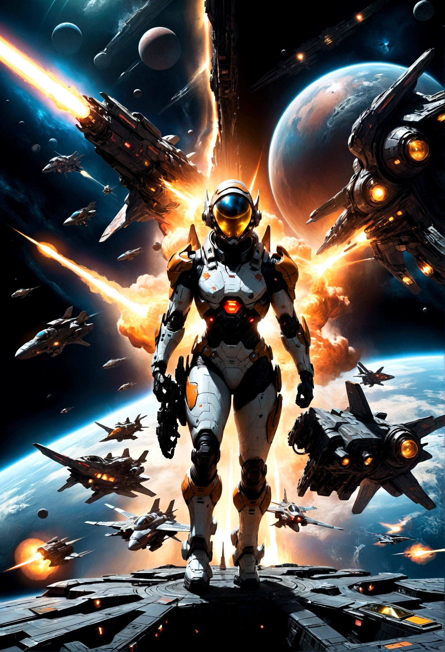 Space War, a futuristic sci-fi space battle, epic spaceship combat, massive explosions, lasers, alien technology, intergalactic warfare, dramatic lighting, cinematic composition, vibrant colors, detailed machinery, sleek spacecraft designs, intense action, heroic pilots, advanced weaponry, nebulae, star fields, cinematic atmosphere, highly detailed, masterpiece, best quality, very aesthetic, absurdres