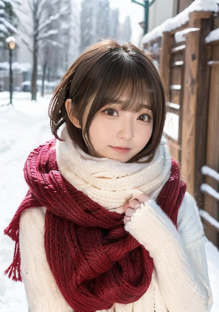 Holding a Shiba Inu、Hair blowing in the wind、Medium Short Hair、Fluffy scarf、Expressing the whiteness of one's breath、Photo from the waist up、Night city illumination shot、Cowgirl Shot、Fur coat、豪華なグレーのミンクのFur coat、Wear fine leather boots、Luxury Bags、Inner turtleneck、Silver necklace and small silver earrings Millionaire style:1.4))、Full body photo、smile、 Caustics、Highly detailed photos、Very beautiful woman 、Ample breasts、No makeup、(8K、RAW Photos、Highest quality、masterpiece:1.2)、(Realistic、Realistic)、1 Girl、((Medium Short Hair、Midwinter、Cold region Snow falling、The wind is blowing、Fluttering Hair、Blur the background、Colorful illuminations、Looking into the camera:1.4))、