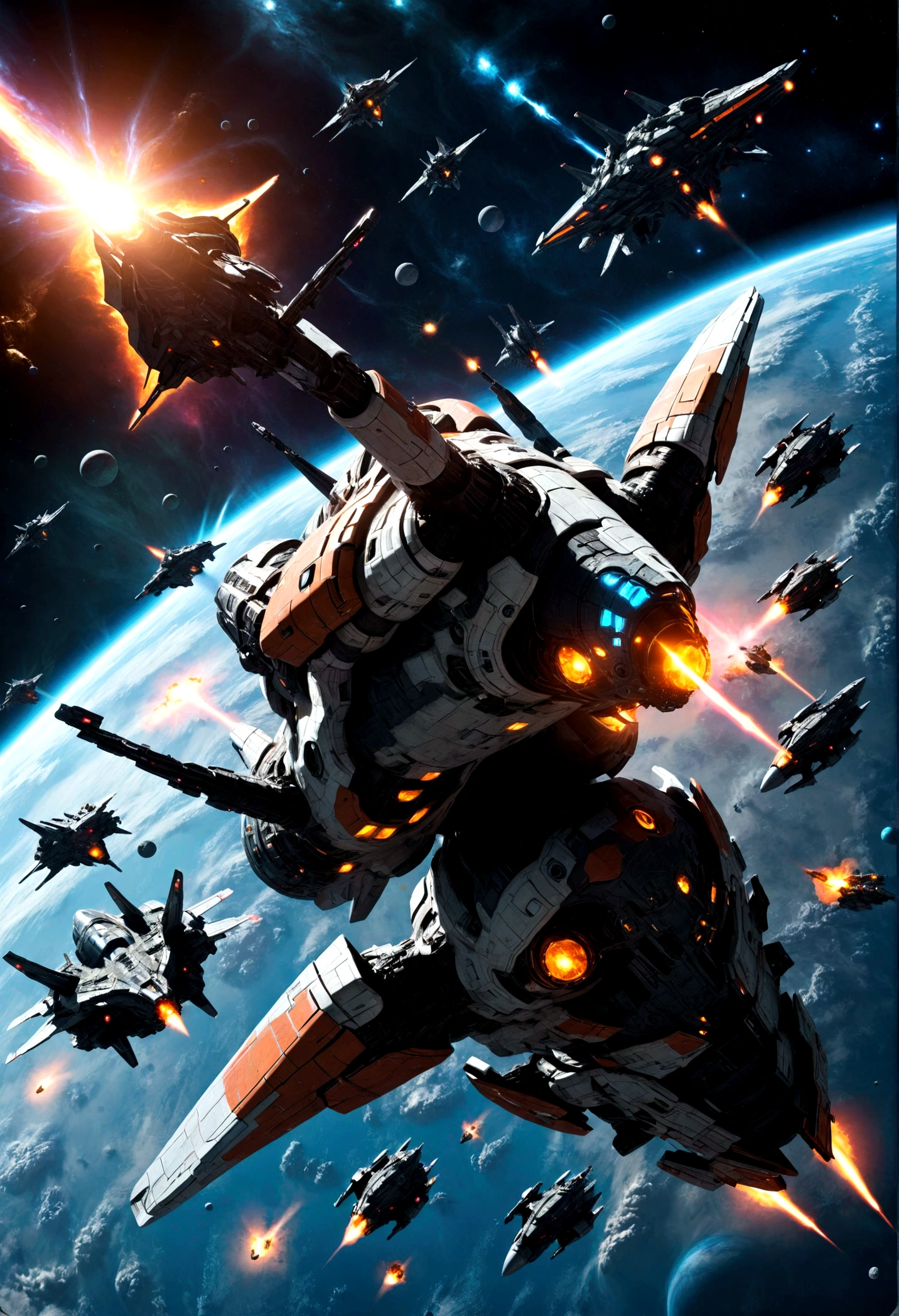 Space War, a futuristic sci-fi space battle, epic spaceship combat, massive explosions, lasers, alien technology, intergalactic warfare, dramatic lighting, cinematic composition, vibrant colors, detailed machinery, sleek spacecraft designs, intense action, heroic pilots, advanced weaponry, nebulae, star fields, cinematic atmosphere, highly detailed, masterpiece, best quality, very aesthetic, absurdres