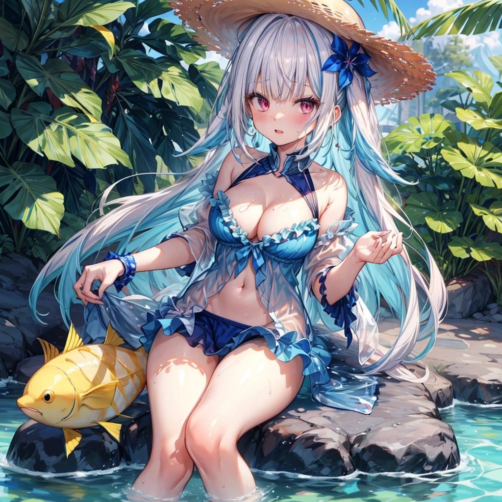 ((Highest quality)), ((masterpiece)), (detailed), (nsfw), the female cartoon character dressed in sexy clothing sits in the water and fishes, 1girl, swimsuit, breasts, 比基尼, 独奏, hat,  straw hat, cleavage, navel, water, large breasts, looking at viewer, bangs, frills, frilled 比基尼, Virtual Youtuber, sitting, pink 比基尼, long hair large breasts, (wet), sweat,