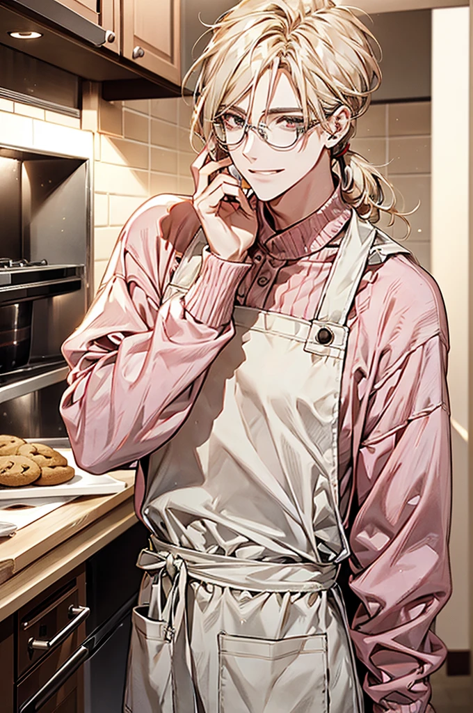 1male, ponytail hair, brown eyes, blond hair, white apron, pink sweater, glasses, mature face, ikemen, smile, baking cookies, kitchen background, 4k, high resolution, rim lighting
