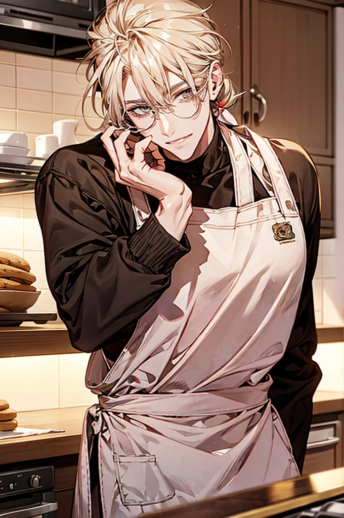 1male, ponytail hair, brown eyes, blond hair, white apron, pink sweater, glasses, mature face, ikemen, smile, baking cookies, kitchen background, 4k, high resolution, rim lighting