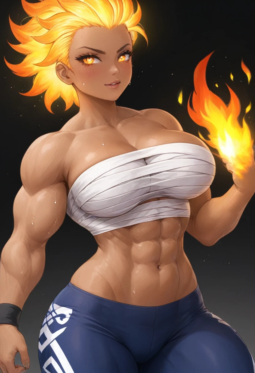 Prompt
detailed illustration, (front view), (side view),dynamic angle, ultra-detailed, illustration, clean line art, shading, anime, detailed eyes, detailed face, beautiful face, dramatic lighting, detailed illustration, dynamic angle, ultra-detailed, illustration, single woman
Fit, toned abs, ((volleyball shorts)), ((fundoshi breast wrap)), volleyball player, big round ass, big tits, caramel tan skin, dark skin tone, wide hips, narrow waist, thunder thighs, (blazing blonde hair), (glowing eyes), glowing sclera, muay thai wraps, small strong biceps, sweat, ((bandaged breasts)), flaming hair, hair is fire, flames rolling down skin, clothes catching on fire, embers, sweats fire, sweat is fire, tan lines, Hispanic, Latina, tight pants, bandage wrapped around chest