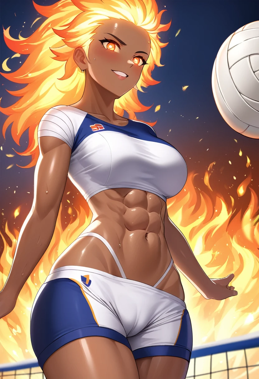 Prompt
detailed illustration, (front view), (side view),dynamic angle, ultra-detailed, illustration, clean line art, shading, anime, detailed eyes, detailed face, beautiful face, dramatic lighting, detailed illustration, dynamic angle, ultra-detailed, illustration, single woman
Fit, toned abs, ((volleyball shorts)), ((fundoshi breast wrap)), volleyball player, big round ass, big tits, caramel tan skin, dark skin tone, wide hips, narrow waist, thunder thighs, (blazing blonde hair), (glowing eyes), glowing sclera, muay thai wraps, small strong biceps, sweat, ((bandaged breasts)), flaming hair, hair is fire, flames rolling down skin, clothes catching on fire, embers, sweats fire, sweat is fire, tan lines, Hispanic, Latina, tight pants, bandage wrapped around chest