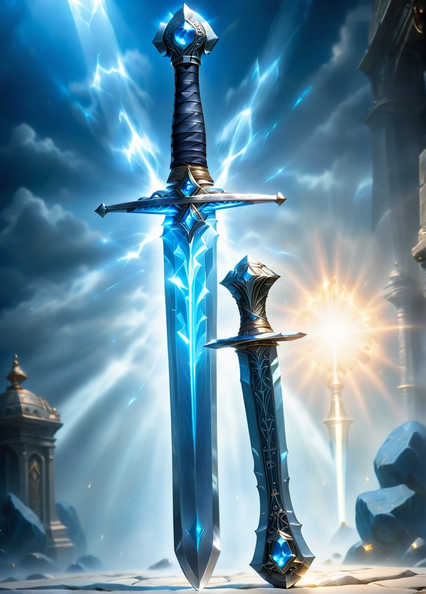 sword, (magic sword with blue stone: 1.6), (silver sword: 1.1), (light blue glow: 1.5), treasure vault background, ((looking at viewer:1.2), (from side:0.8)), volumetric lighting dynamic lighting, real shadows, vibrant contrasting colors, style of Stephen Hickman and Stan Manoukian, ultra realistic, masterpiece, high quality, highres, sharp focus, intricate, sharp details, highly detailed, rich color, 8K,