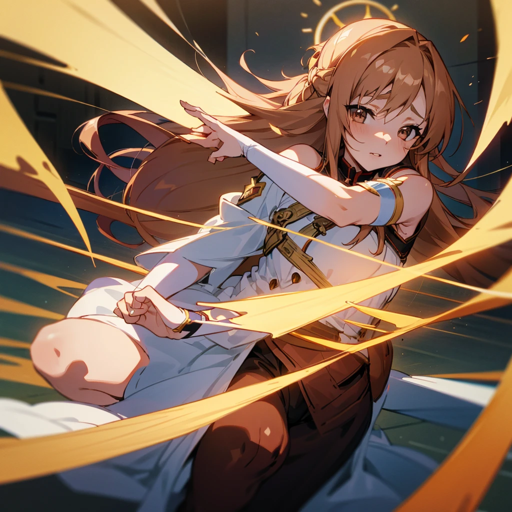 The enchanting wallpaper of the meticulously crafted Swordsmanship Online Hero. (High quality, high-resolution: 3000x3000 pixels) Plays Yuuki in a virtual reality set, with long golden straight hair with bangs, painful blue eyes, her plump lips wriggling in pain, medium: digital art, vibrant colors, high-resolution, cinema lighting, ultra fine details, bleeding wounds, one knee injury, life-threatening