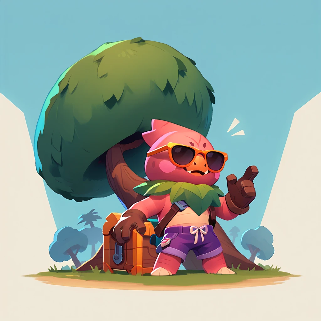 a living tree trunk creature, sunglasses, wearing purple shorts and gloves
