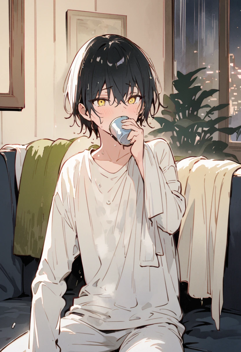 Young people, Black Hair, noah,short hair, Yellow Eyes, Fetish, Long sleeve white T-shirt, Sweat pants, drinking, Sit on the sofa,Wet Hair, after take a bath, Drape a towel over your shoulders, Stylish Home, night, Natural light, night time, indirect lighting, And soul, Clear line drawing, Transparent watercolor, Clear shading, high quality, Detailed, Pixiv illustration