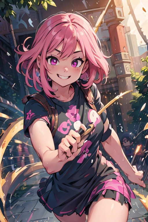 perfect face, perfect hands . A pink haired girl with violet eyes in a black dress is spinning her scythe in the rain with a determined smile