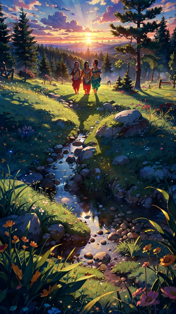 beautiful sunset, hindu temple, newly married south indian couple in traditional saree and doti outfit, decorative flower garland in thier neck, BREAK (masterpiece, best quality:1.2), outdoors, nature, forest, pines, grass, tall grass, detailed grass, plants, day, clouds, flower 