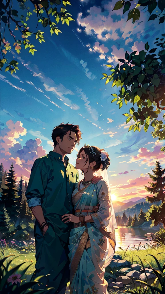 beautiful sunset, hindu temple, newly married south indian couple in traditional saree and doti outfit, decorative flower garland in thier neck, BREAK (masterpiece, best quality:1.2), outdoors, nature, forest, pines, grass, tall grass, detailed grass, plants, day, clouds, flower 