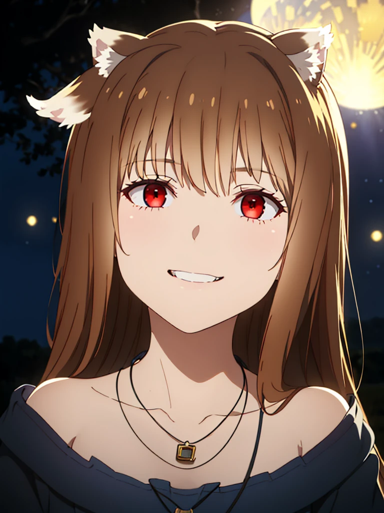 1girl, solo, masterpiece, best quality, illustration, absurdres, cute, film_grain, extremely detailed face, perfect lighting, light smile, full_body, long hair, brown hair, wolf ears, red eyes, wolf tail, necklace, outdoors, plains, wheat, starry night, moonlight, makoto shinkai style