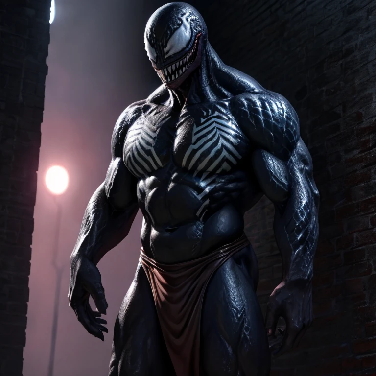 Extremely detailed male Venom/Symbionte character,full body, pelvic curtain, sfw, high quality, 8K, photorealistic, dramatic lighting, cinematic, concept art style, dark colors, moody atmosphere