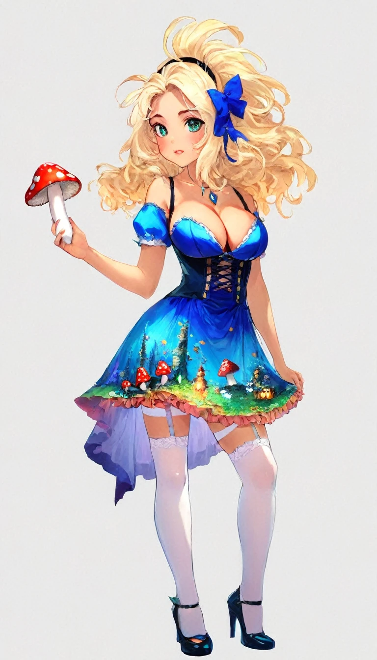 a beautiful 20 year old blonde woman with big messy hair in a blue dress, white stockings, black headband, cleavage, holding a glowing mushroom, fantasy art style, rossdraws cartoon vibrant, alice in wonderland cyberpunk, cute detailed digital art, colorfull digital fantasy art, digital fantasy art ), glossy digital painting, rossdraws pastel vibrant, rossdraws 2. 5, rossdraws 1. 0