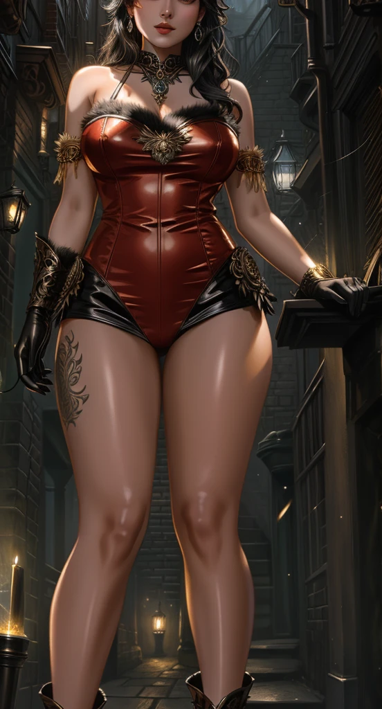 A werewolf, its fur a mix of silver and gold, eyes glowing with an otherworldly intensity. The image is a digitally rendered painting,Cropped shoulders, Mini skirt, Big thighs, Oily skin, The werewolf's claws are adorned with ornate Victorian engravings, contrasting against its savage appearance. The background is a smoky, dimly lit alleyway, adding an air of mystery to the already captivating creature. The overall
quality of the image is absolutely breathtaking, showcasing the artist's skill in blending fantasy and historical elements seamlessly.