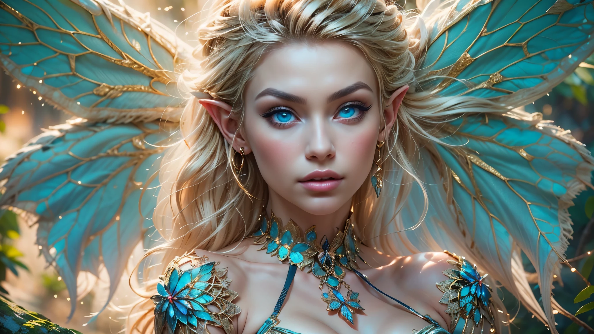 (Beautiful woman, detailed makeup, detailed facial features, Glowing blue eyes, seductive expression, blonde hair, large breasts:1.3, realistic elf ear, four fingers on each hand, detailed fingers, proportional hands, massive butterfly wings in the center of her back attached between the shoulder blades, detailed proportional body, thin body, toned muscles, sitting, detailed proportional legs, Spread legs, shaved legs), (silk bustier, scrunch thong, see through lace:1.3), (oak forest, calm lake, stary sky, moon light, fantasy setting, orbs), (golden ratio, Best Quality:1.4), (Ultra-detailed), (extremely detailed CG unified 8k wallpaper), (Highly detailed, RAW Photos, Professional Photography:1.4), plein air, Illumination, (Super fancy photos:1.4), (Dazzling light), Radiant Photography, depth of fields,