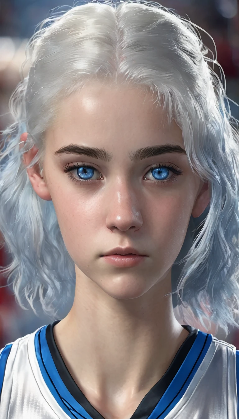 Basketball player, 16 year old girl with white hair, white skin and blue eyes, with a bad face