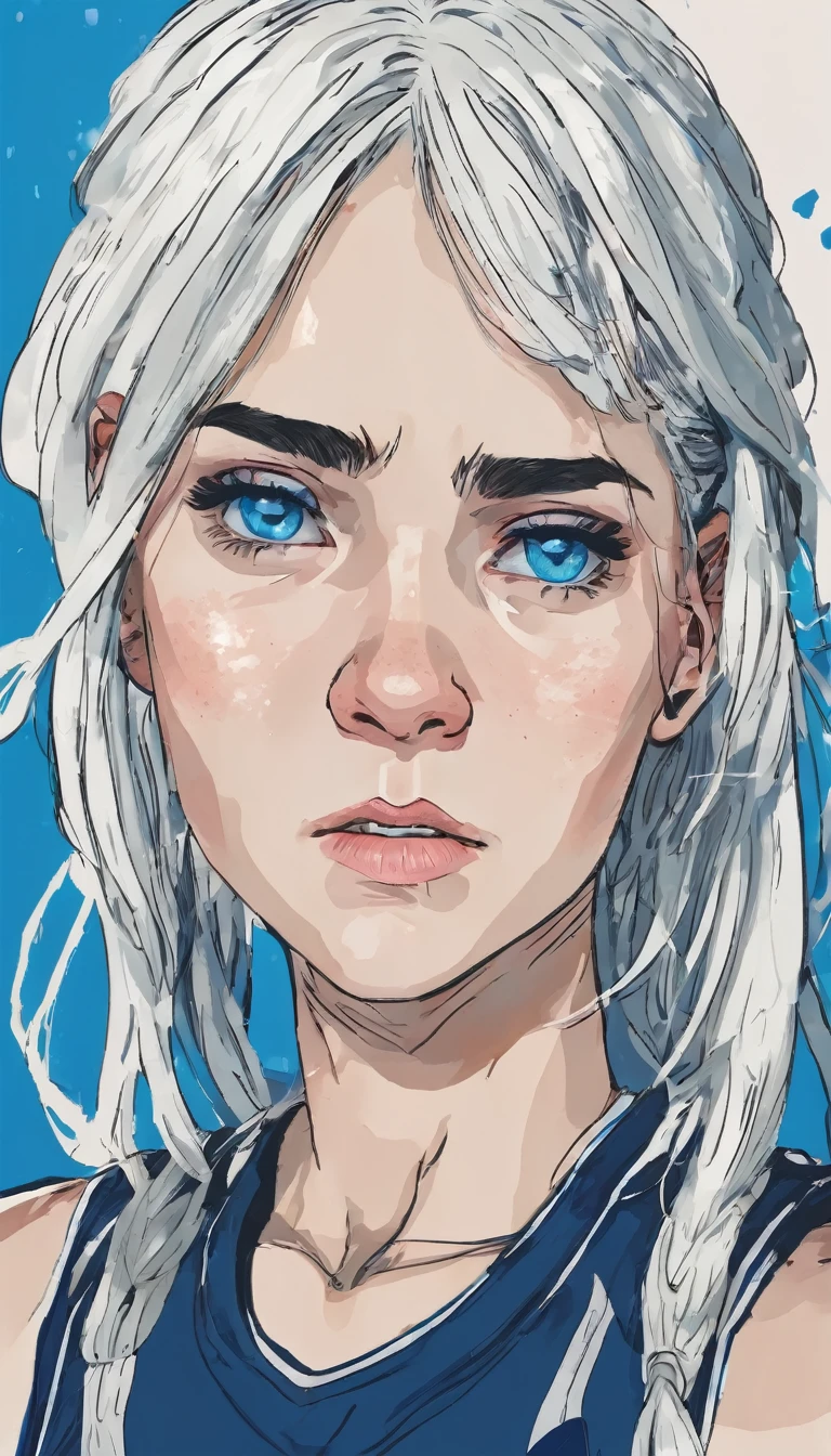 Basketball player, 16 year old girl with white hair, white skin and blue eyes, with a bad face