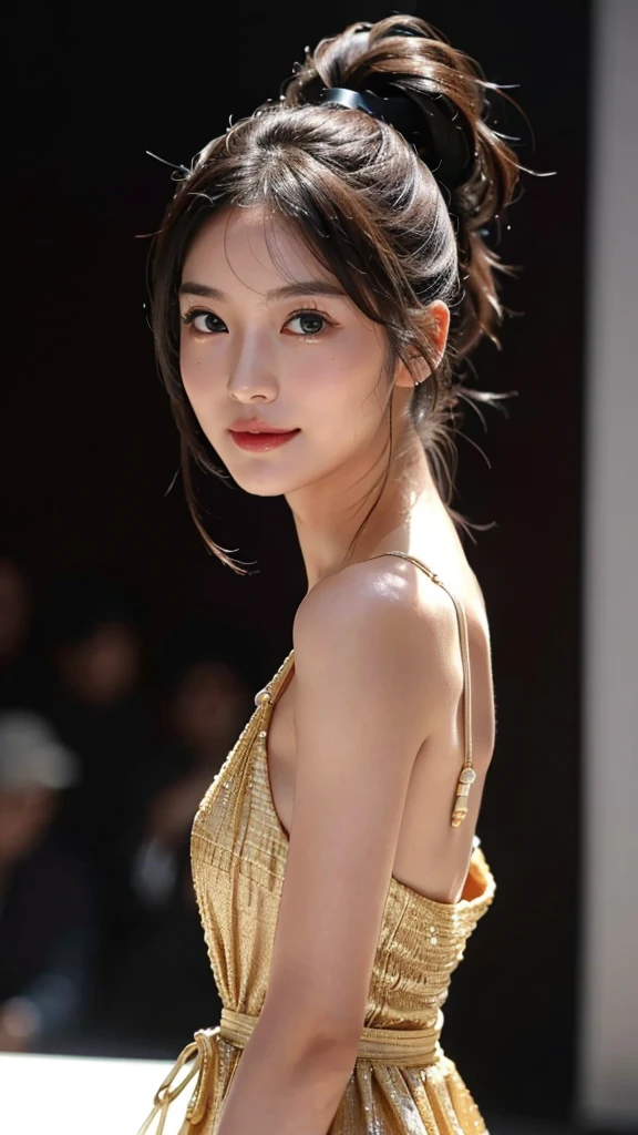 One Woman,Full body photo,Tabletop, Best image quality, high quality, The background is clear，Beautiful woman, Japanese, detailed, detailed eyes, detailed skin, Beautiful Skin, 超High resolution, (reality: 1.4),Very beautiful woman, A slightly younger face, Beautiful Skin, thin, (Ultra-photorealism), (High resolution), (8K), (非常にdetailed) (Beautiful and detailed eyes), (非常にdetailedな),   (detailed face), Displaying the viewer, Fine details, detailed face, Staring straight ahead, Staring straight ahead, Photo Real, Bright lighting, Professional Lighting, Black Hair,ponytail,Baby Face,16 years old,髪型はponytail,ロングponytailの髪型,smile,Wearing a beautiful long dress、Walking the runway at a fashion show、on stage