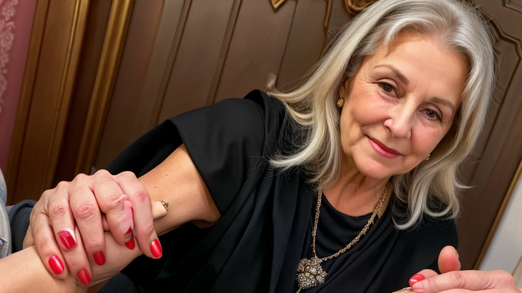rich elderly woman holding the hand of a poor, dirty boy
