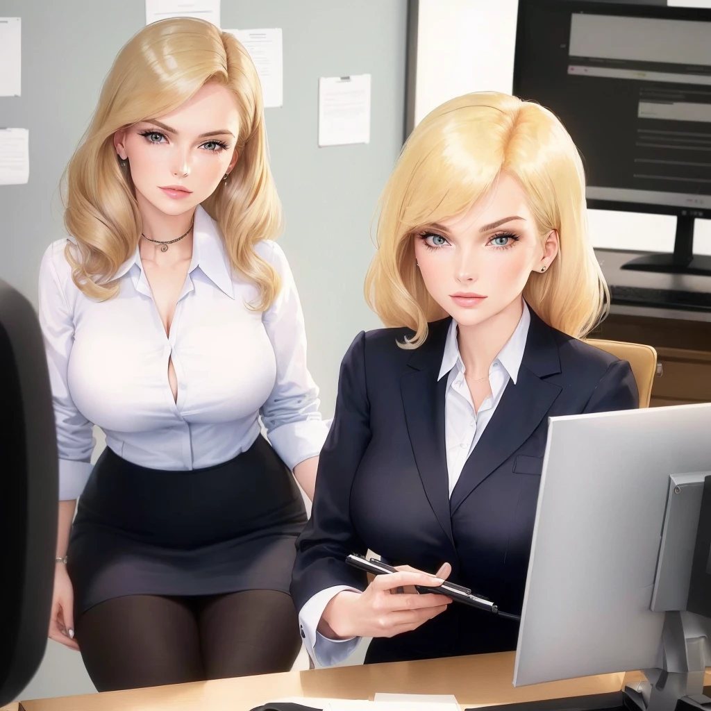 blond woman sitting at desk talking on telephone with computer monitor, 1 9 8 0 s business fashion, business woman, 1 9 8 0 s woman, woman in business suit, young business woman, denis velleneuve, female in office dress, sat at her desk, female lawyer, wearing a strict business suit, serious business, working hard, portrait of kim wexler
