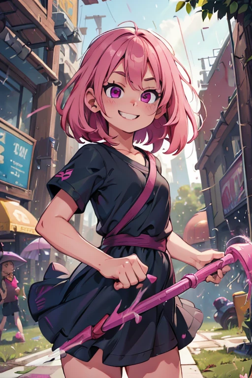 perfect face, perfect hands . A pink haired girl with violet eyes in a black dress is spinning her scythe in the rain with a determined smile
