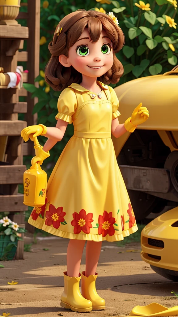 One with a flowery dress. Grinning. brownhair. greeneyes. Wears a yellow rubber glove and red galoshes. Hold a trash bag in your hands