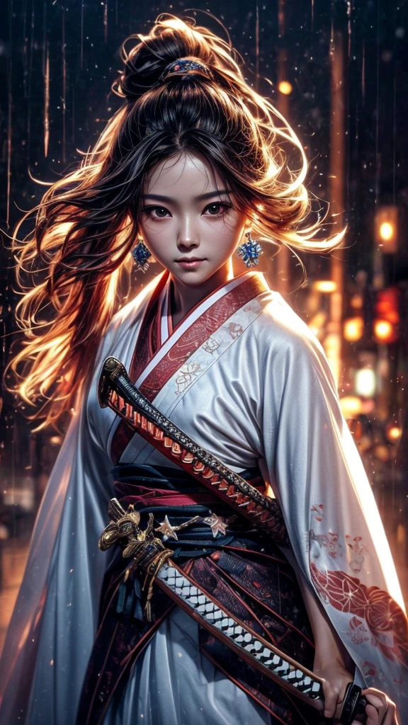 A poster with titles that says "VIKY PIQUE" right spelling. 1girl, Sweet,, The background is rainy day, bright autumn, battlefield fires and buning embers rizeing, most beautiful korean girl, looking at viewer, 18yo, over sized eyes, big eyes, ((Cowboy Shot: 1.5)), Female Samurai, Holding a Japanese Sword, shining bracelet, beautiful hanfu(white, transparent), cape, solo, {beautiful and detailed eyes}, calm expression, natural and soft light, delicate facial features,very small earrings, ((model pose)), Glamor body type, (neon hair:1.2), long ponytail, very_long_hair, hair past hip, curly hair, flim grain, realhands, masterpiece, Best Quality, photorealistic, ultra-detailed, finely detailed, high resolution, perfect dynamic composition, beautiful detailed eyes, eye smile, ((nervous and embarrassed)), sharp-focus, full_body, sexy pose, Samurai girl, glowing forehead, lighting, Japanese Samurai Sword (Katana),best quality,chinkstyle