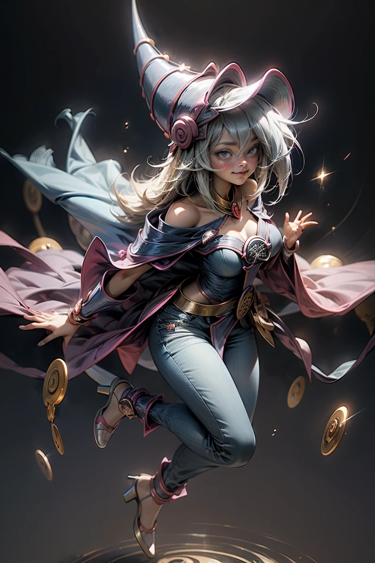 (Masterpiece:1.2), (The best quality:1.2), perfect lighting, Dark Magician Girl casting a spell, smiling. happy. in battle. floating in the air, big and visible tits, wear jeans and heels. transparent neckline, blue robe, big hat, From above, sparkles, Yugioh game, The magic of the heart, romantic heart.