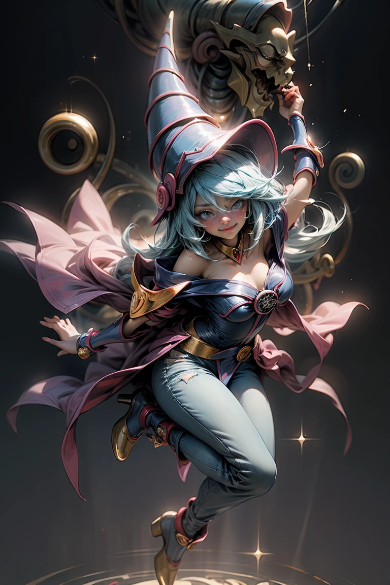 (Masterpiece:1.2), (The best quality:1.2), perfect lighting, Dark Magician Girl casting a spell, smiling. happy. in battle. floating in the air, big and visible tits, wear jeans and heels. transparent neckline, blue robe, big hat, From above, sparkles, Yugioh game, The magic of the heart, romantic heart.